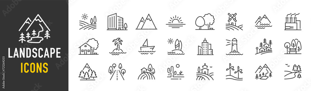 Landscape web icons in line style. Nature, landscape, forest, sea, sunset, mountain, travel, road, lake, view. Vector illustration.