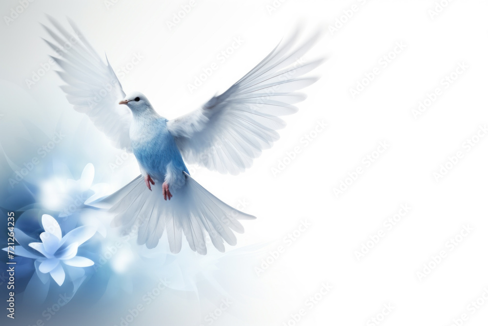Obraz premium White dove in flight with blue flowers on a serene background.