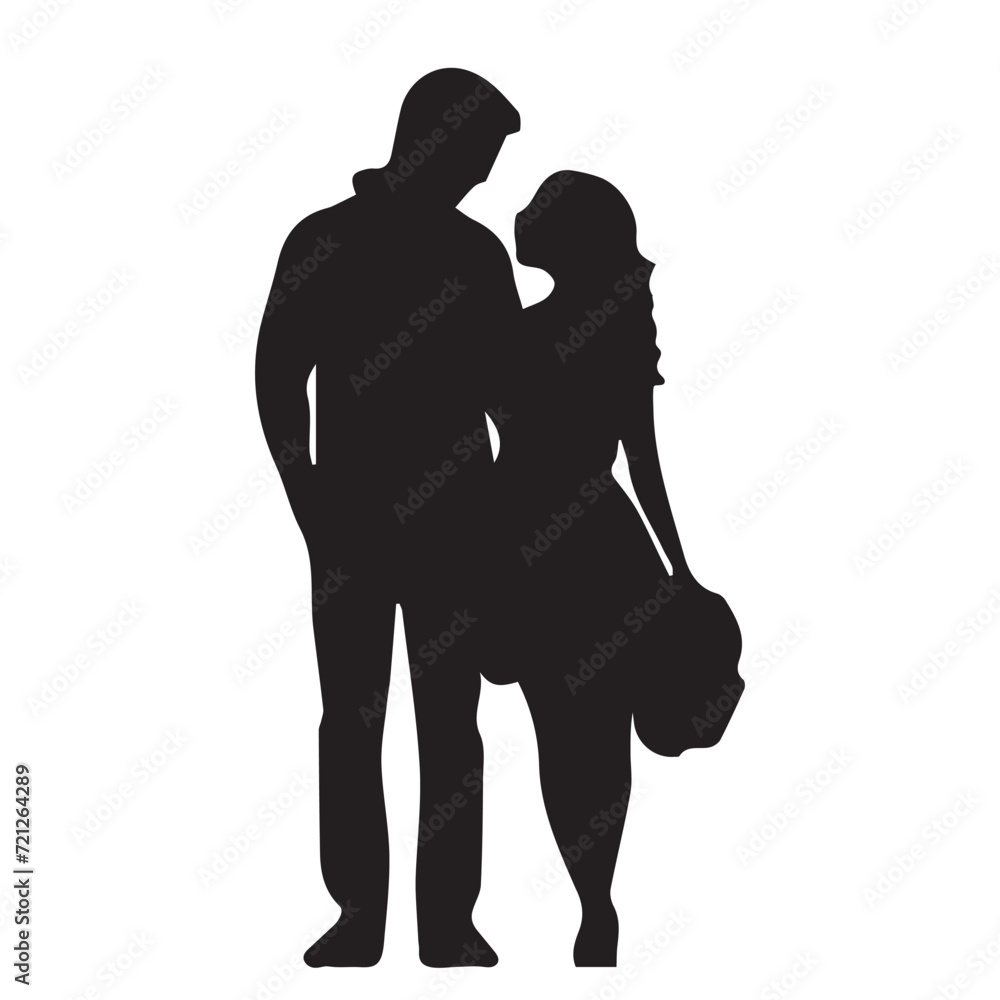Vector illustration of black and white silhouettes of a couple on Valentine's Day. Illustration of a husband and wife, boyfriend and girlfriend. Suitable for banners, posters, stickers, greeting card