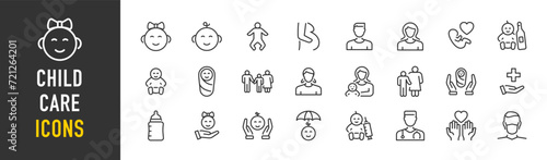 Child care web icons in line style. Care, support, safety, awareness, parenthood. Vector illustration.
