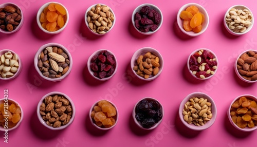 A variety of nuts and fruits in small bowls