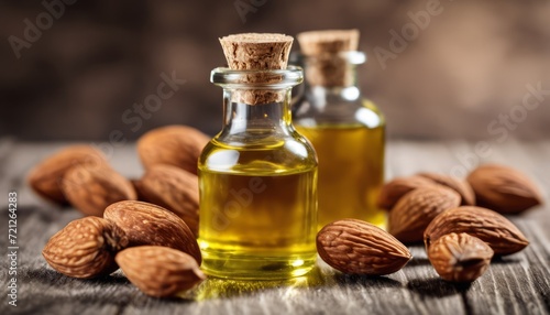 A bottle of oil with nuts on a table