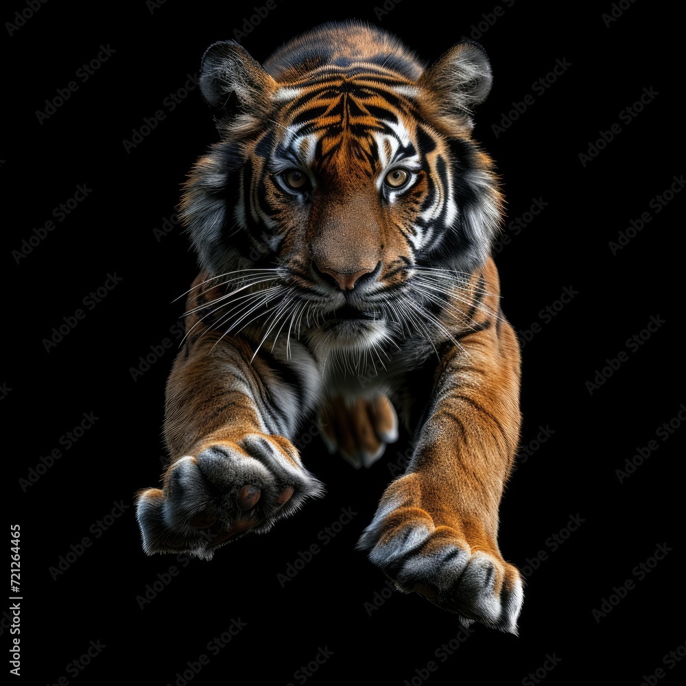 Fototapeta premium Tiger is running and jumping in solid black background