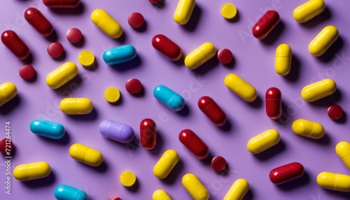 A purple background with many different colored pills