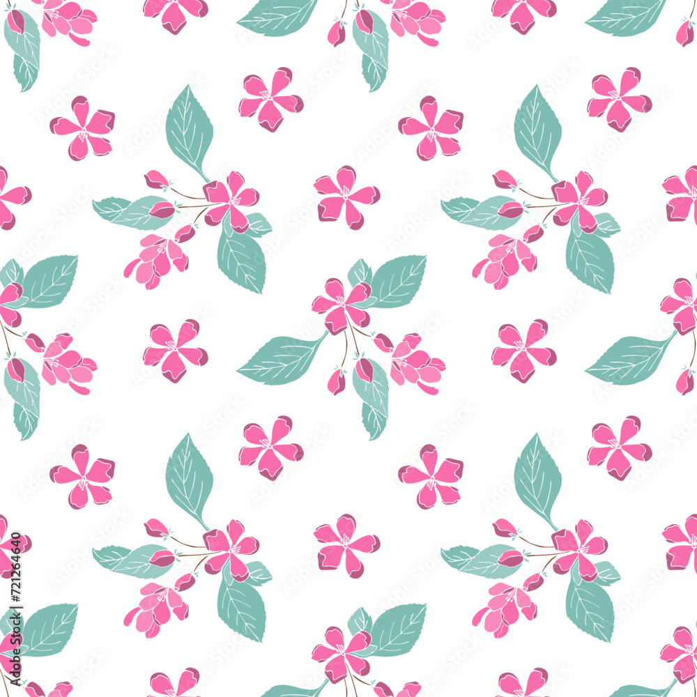 custom made wallpaper toronto digitalRepeated pattern featuring stylized pink flowers sacura and green leaves, illustrating spring-themed seamless floral design ideal for textiles or wallpapers.