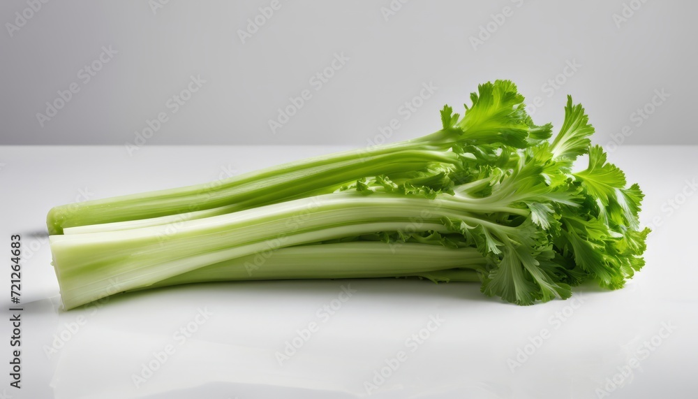 A bunch of green celery on a white counter A bunch of green celery on a white counter