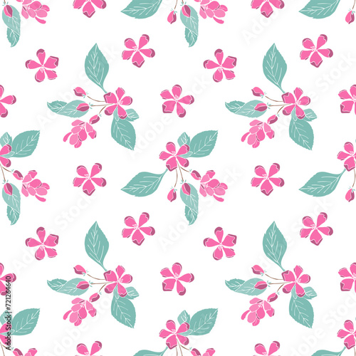 Wallpaper Mural Repeated pattern featuring stylized pink flowers sacura and green leaves, illustrating spring-themed seamless floral design ideal for textiles or wallpapers. Torontodigital.ca