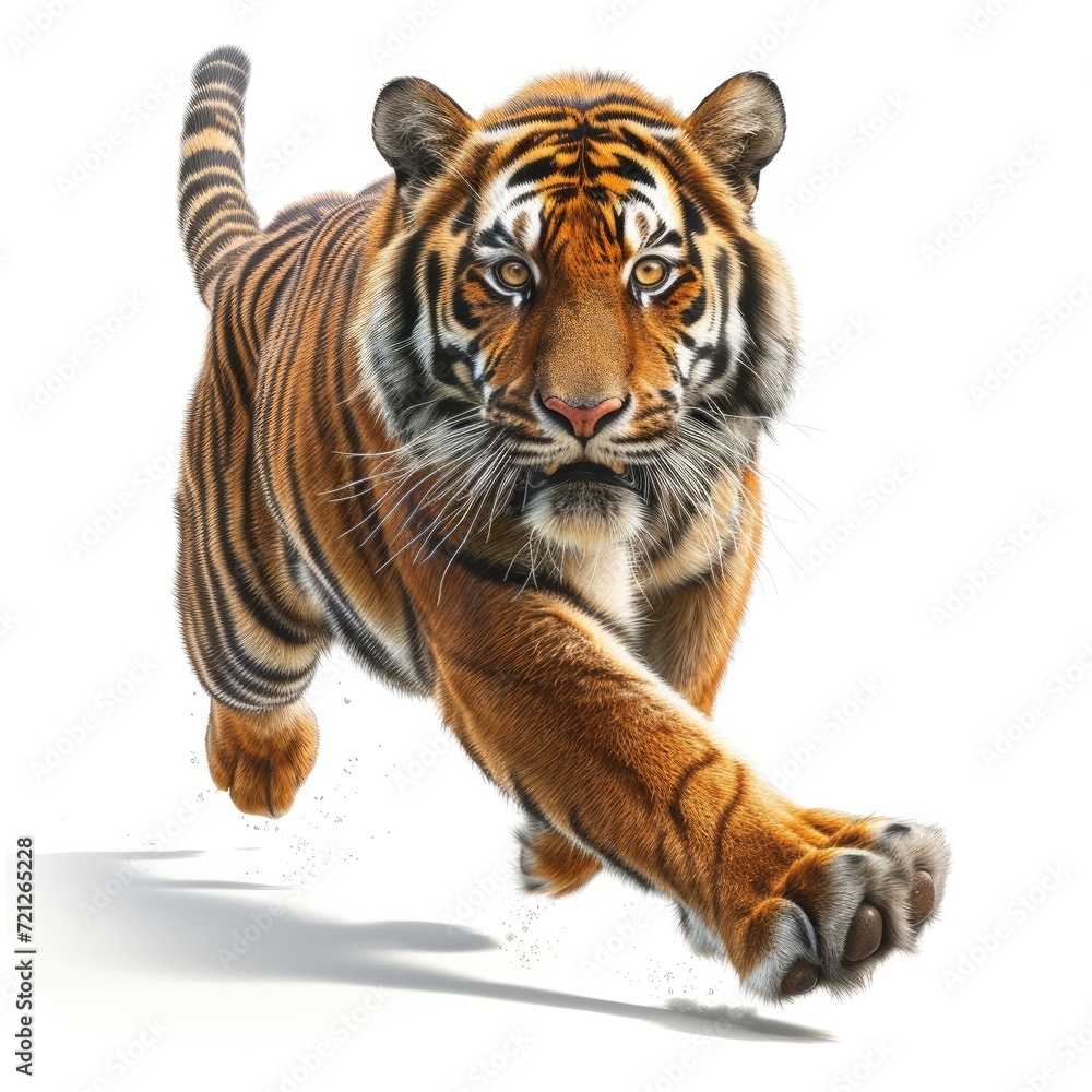 Fototapeta premium Tiger is running and jumping in solid white background