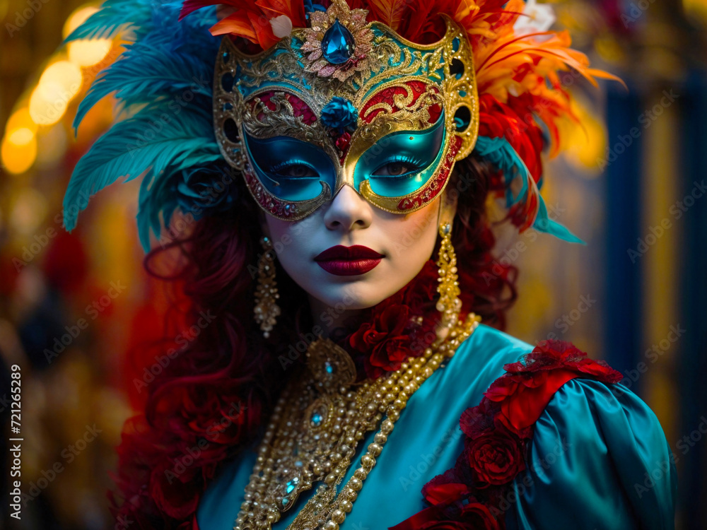 A Beautiful Mysterious Woman in Venetian Carnival Mask, AI Generative