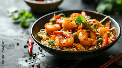 Fried spicy shrimp with vegetables Chinese noodles and spices on a black ceramic plate. Asian cuisine, homemade food. Restaurant.