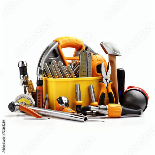 Set of tools in yellow toolbox isolated on a white background.