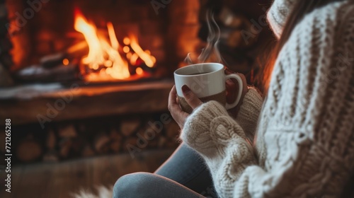 Young woman sitting at home by the fireplace with a hot tea or coffee mug and warming her hands, she is wearing white woollen sweater photo