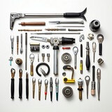 Variety of tools on white background. Top view. Flat lay.