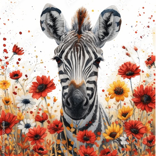 Watercolor Painting of a Vibrant Flower Field with a Central Zebra Generative AI