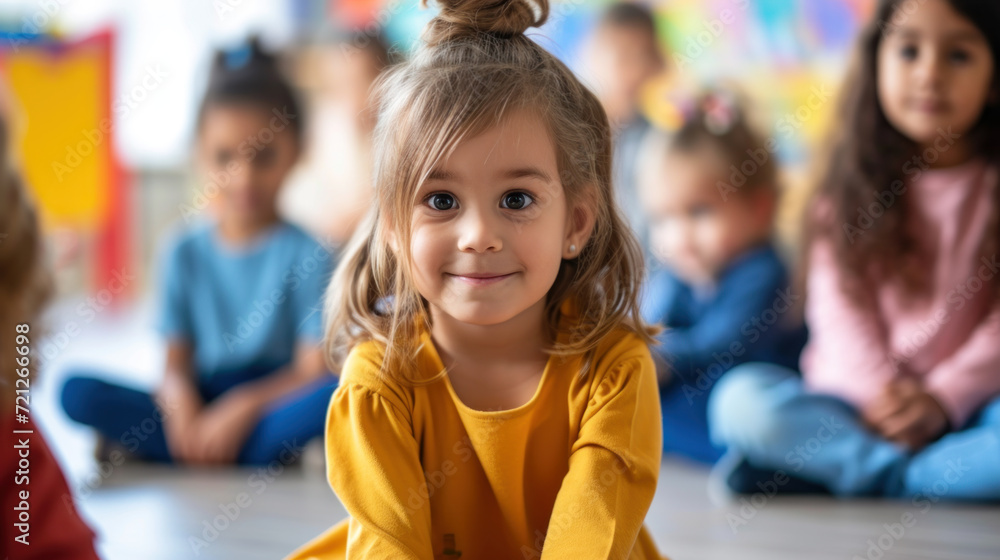 Obraz premium Cheerful little girl in yellow with classmates in background.