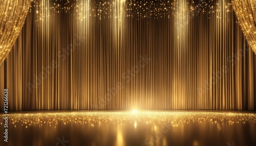A stage with gold curtains and lights