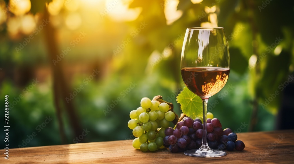 A glass of delicious wine and a bunch of green and red grapes on a blurred background of a vineyard, beautiful nature on a sunny day. Agriculture, Harvest, Business and industry concepts. Copy space