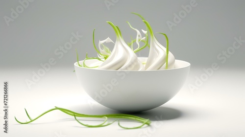 Sour cream and onion in white bowl isolated. 

 photo