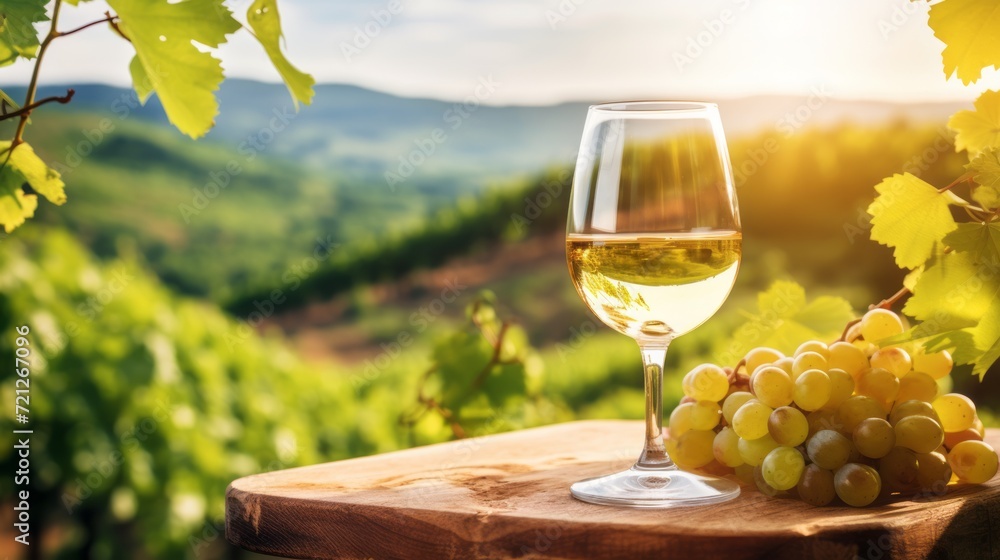 A glass of white wine and a bunch of green grapes on a blurred background of a vineyard and beautiful nature on a sunny day. Agriculture, Harvest, Business and industry concepts.