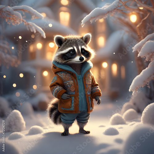 There was the most adorable fluffy baby raccoon with a ginger-colored coat, all dressed up in warm attire Fototapet