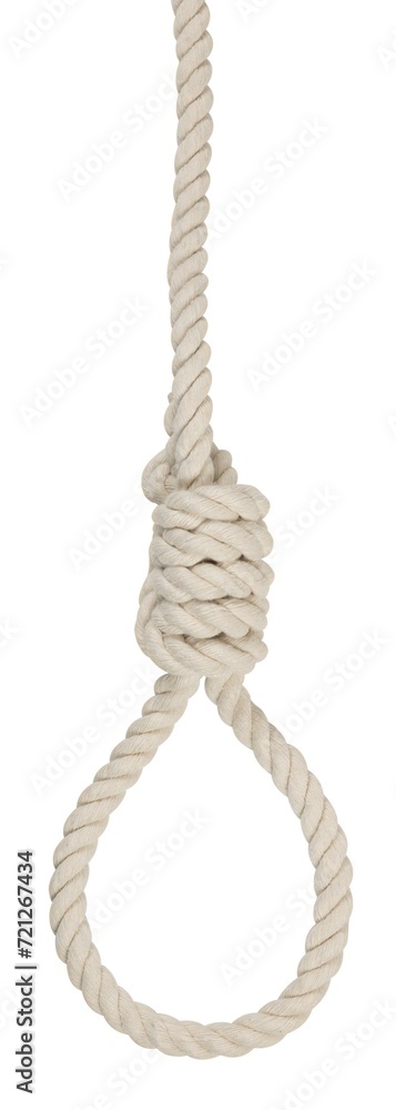 Rope noose for hangman, suicide made of natural fiber rope isolate on white background. Hemp rope noose for homicide or commit suicide concept. Hang rope knot for gallows and Hang mans real