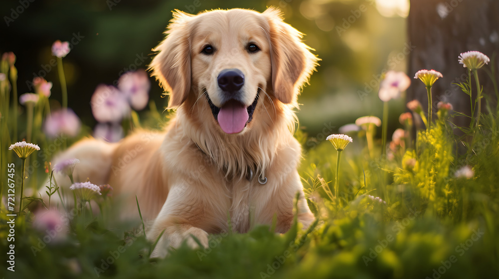 Lovely Golden Retriever in the Garden, Generative AI Lovely Golden Retriever in the Garden, Generative AI