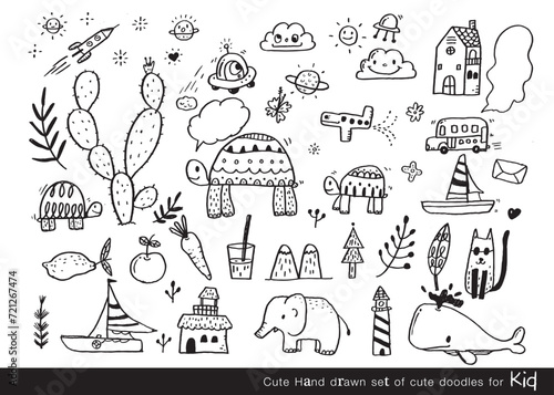 Vector illustration of Doodle cute for kid  Hand drawn set of cute doodles for decoration Funny Doodle Hand Drawn  Summer  Doodle set of objects from a child s life Cute animal 