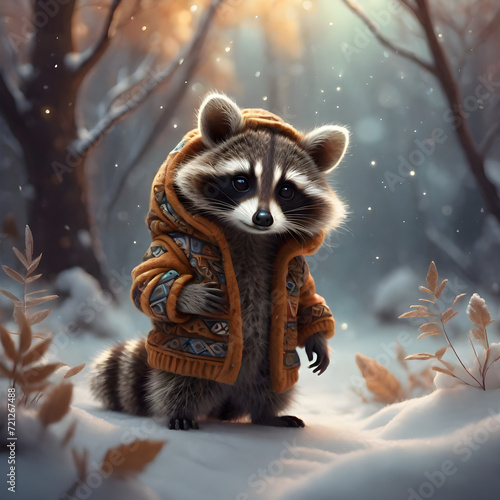 Canvastavla There was the most adorable fluffy baby raccoon with a ginger-colored coat, all dressed up in warm attire
