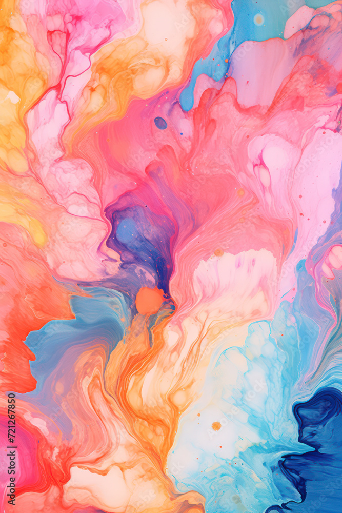 Abstract Watercolor Splash: A Vibrant and Colorful Fluid Art Illustration with Blue, Pink, and Yellow Swirls on a Bright White Background