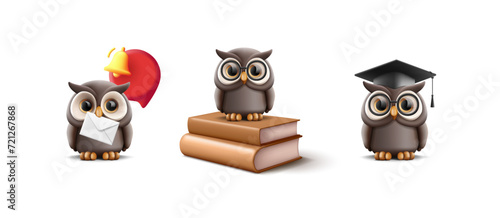 3d brown owl illustration set sitting on pile of books, in graduation hat and with bell icon red speech bubble, college or school education icon