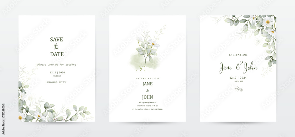 Set of invitation template cards with botanical and watercolor stains Set of invitation template cards with botanical and watercolor stains