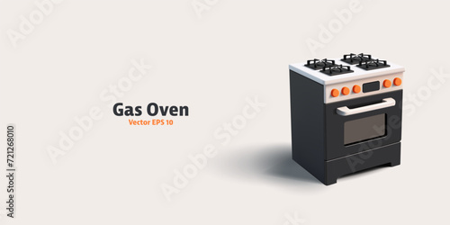 Kitchen gas stove with oven, 3d cartoon render detailed vector icon, black home equipment, gas heater