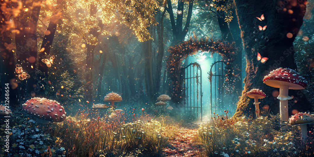 Fantasy enchanted fairy tale forest with magical
