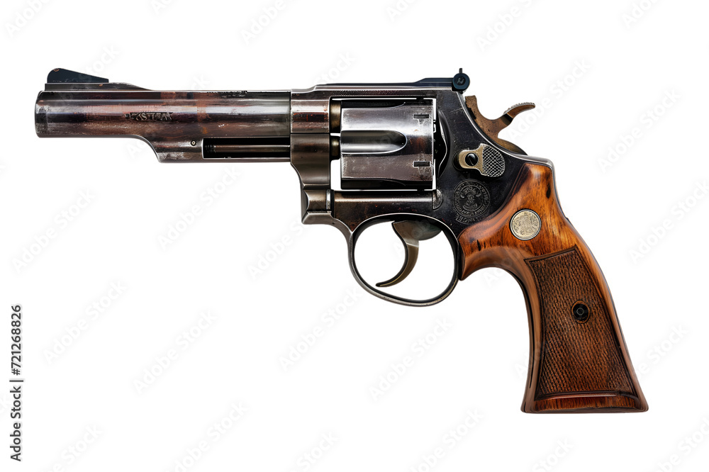 Generic wooden brown revolver gun png, isolated on white or transparent background, steel firearm, weapon pistol cut out 