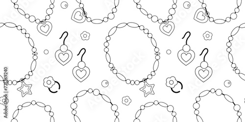 Beads bracelets, ring, earrings black and white.Cartoon bracelets seamless pattern in black and white. Children's plastic jewelry on wrist. Retro bracelets pattern on white background.