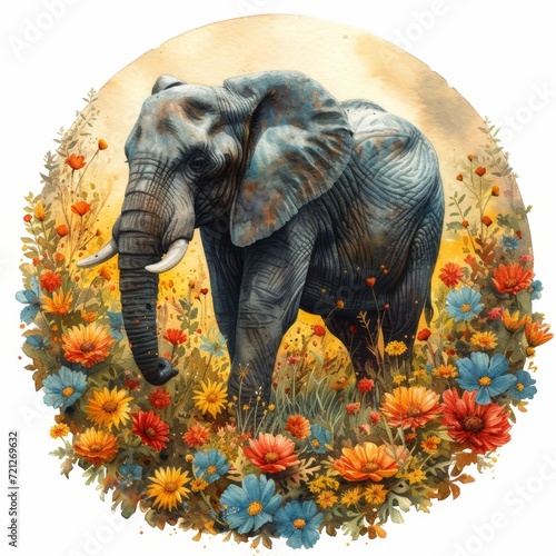 Watercolor Painting of Vibrant Flower Field and Elegant Elephant Generative AI