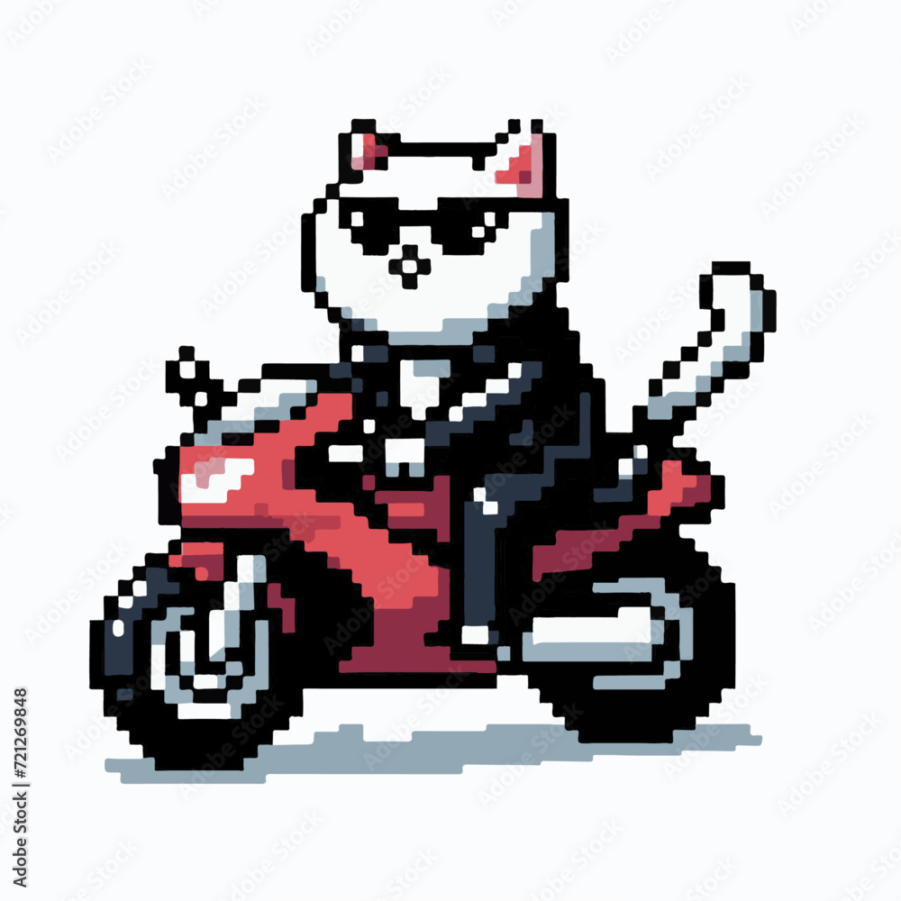 Cat riding a motorbike in pixel art style Cat riding a motorbike in pixel art style