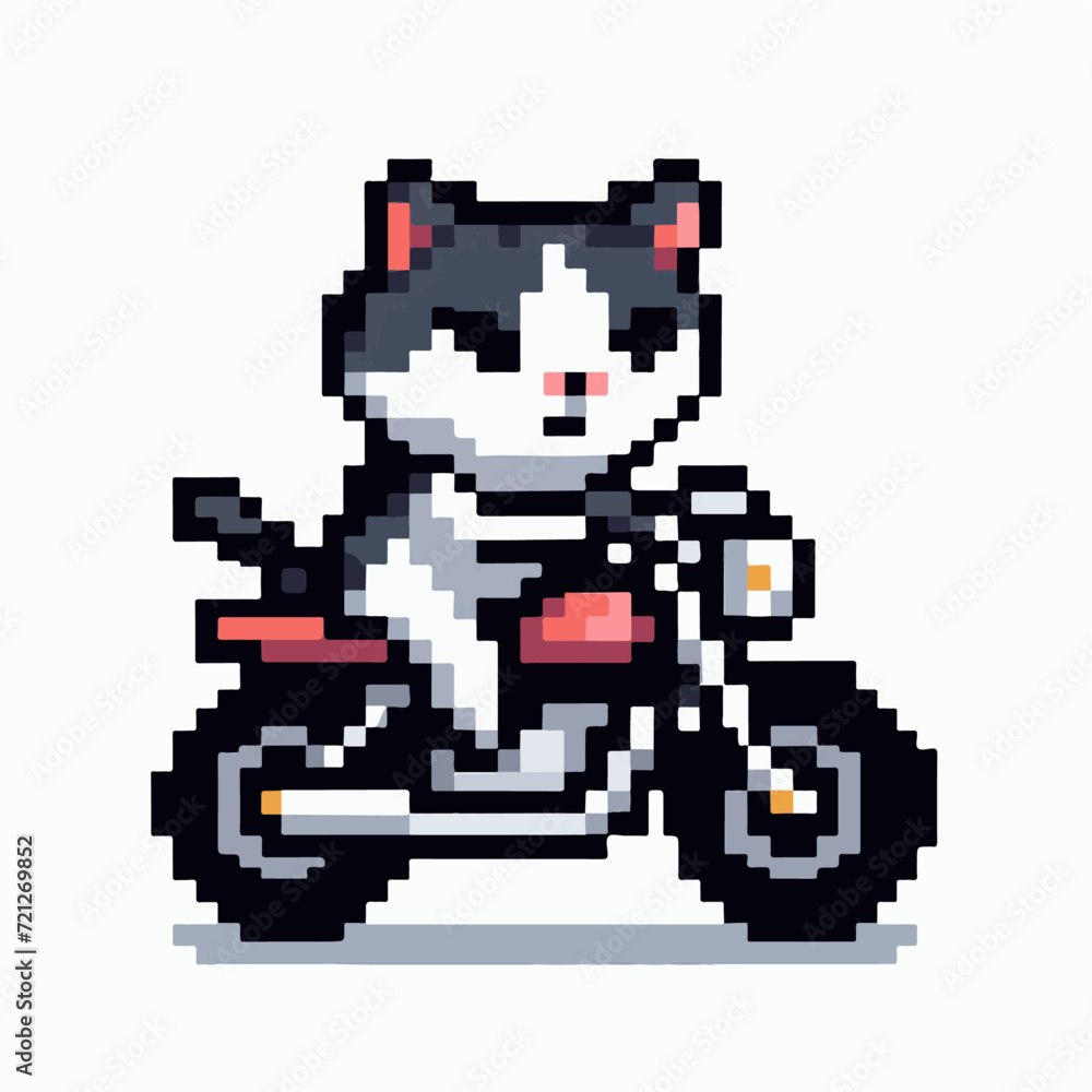 Cat riding a motorbike in pixel art style