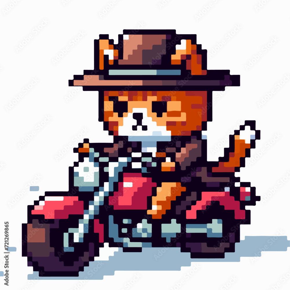 Fototapeta premium Cat riding a motorbike in pixel art style