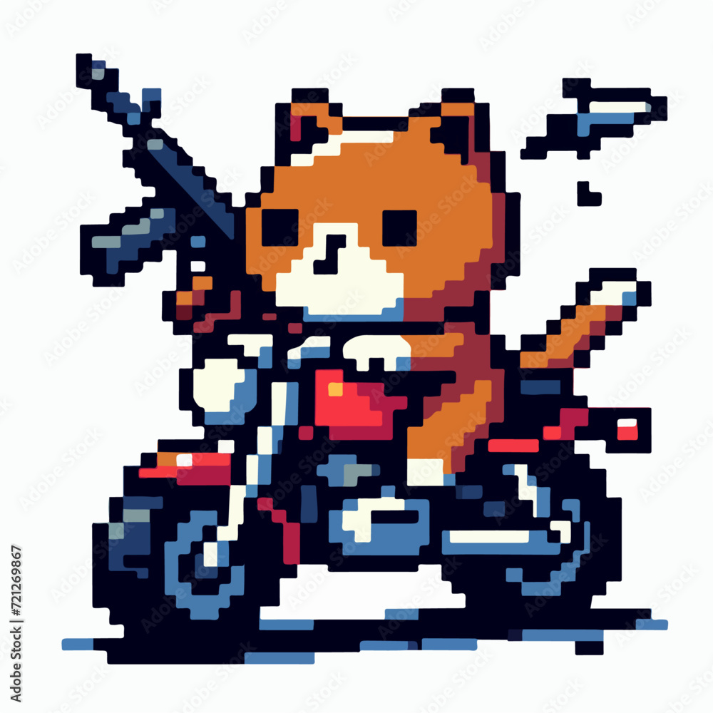 Cat riding a motorbike in pixel art style Cat riding a motorbike in pixel art style