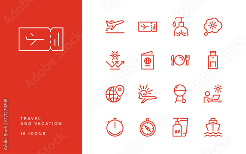 Set of travel and vacation related icons, sun bed, swimming pool, rudder, direction sign, boat, route, wind, camera, sun, beach elements and linear variety vectors.