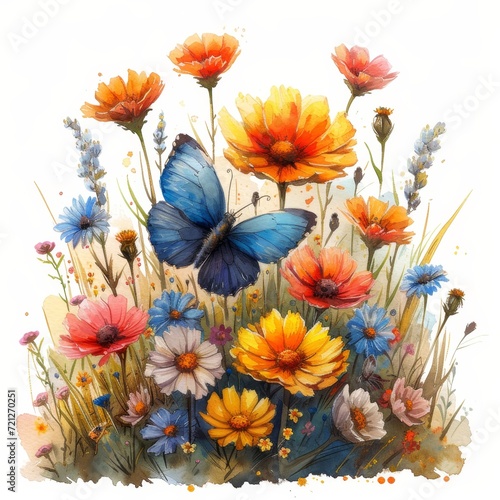 Watercolor painting of vibrant flower field and unique insect Generative AI © Alex