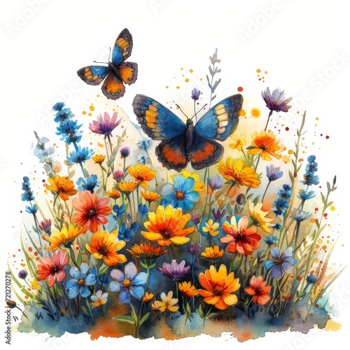 Watercolor painting of vibrant flower field and unique insect Generative AI