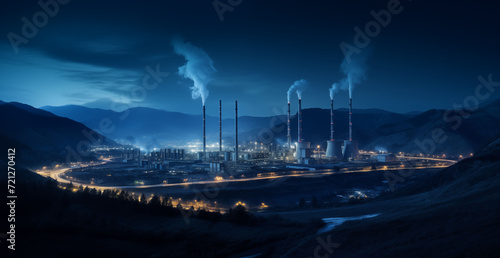  Industrial power plant with smokestacks emitting steam against a twilight sky in a mountainous valley