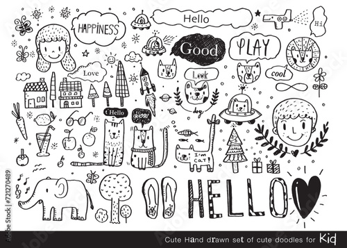 Vector illustration of Doodle cute for kid, Hand drawn set of cute doodles for decoration,Funny Doodle Hand Drawn, Summer, Doodle set of objects from a child's life,Cute animal
