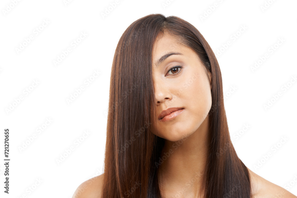 Shiny, hair care and young woman in studio for cosmetic, salon and beauty treatment. Wellness, confident and portrait of female person with healthy hairstyle routine by white background with mockup. Shiny, hair care and young woman in studio for cosmetic, salon and beauty treatment. Wellness, confident and portrait of female person with healthy hairstyle routine by white background with mockup.
