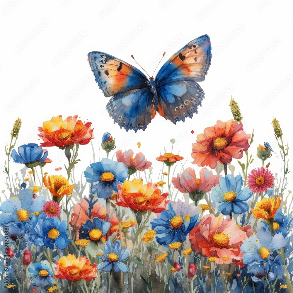 Watercolor Flower Field with Butterfly Generative AI
