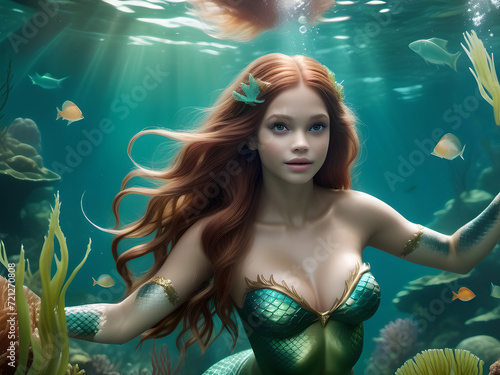 A beautiful mermaid girl swims underwater in the sea. Undersea world.
