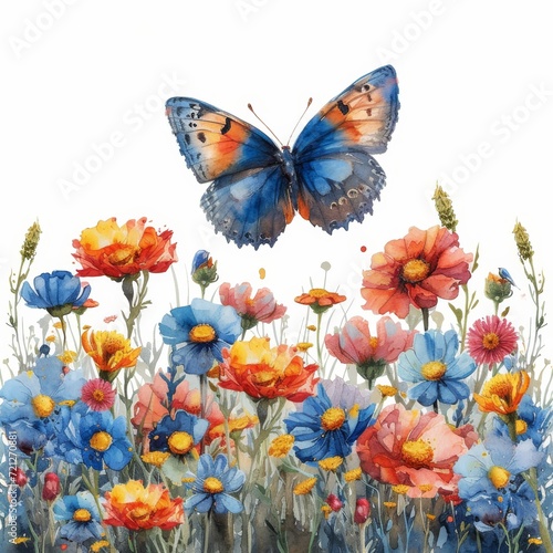 Watercolor Flower Field with Butterfly Generative AI © Alex