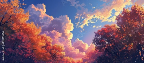 Autumn's sky envelops trees with vibrant hues, creating a transient and beautiful scene.